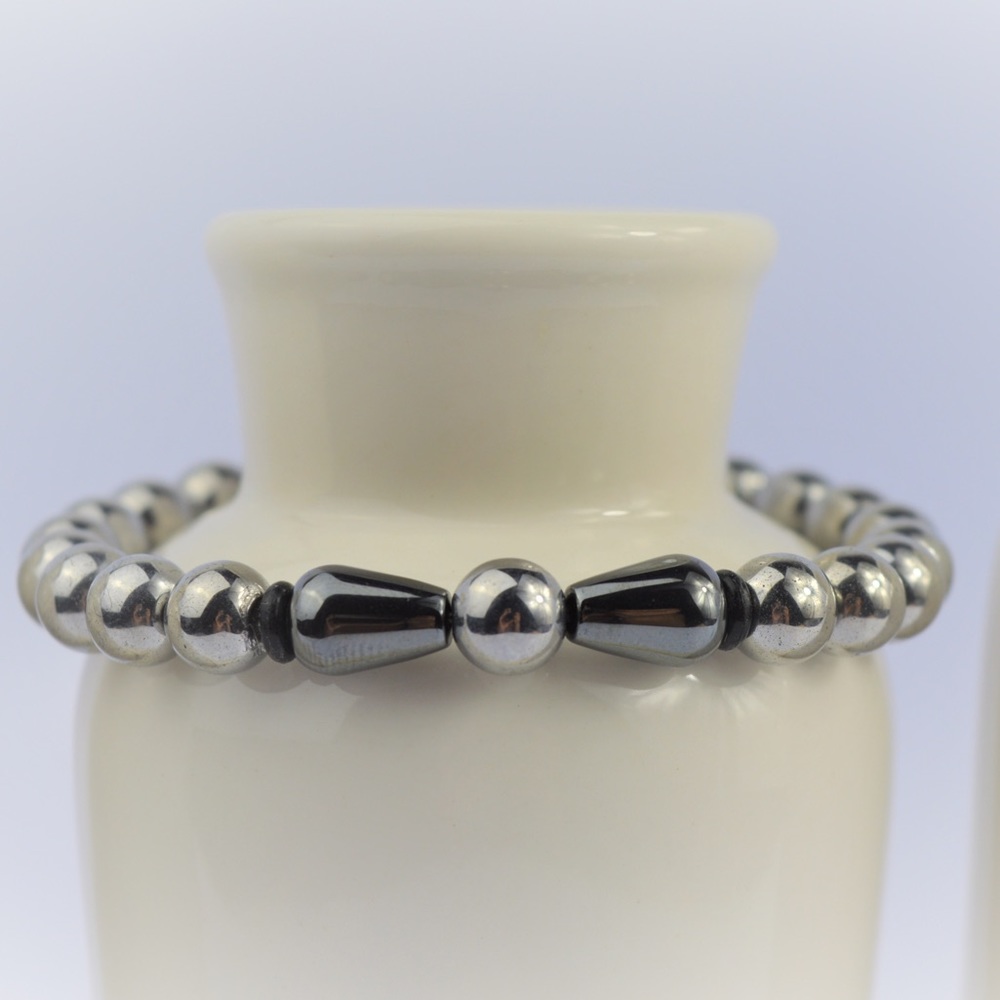 MENS Silver Hematite Gemstone Beaded Bracelet